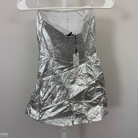 Zara RUCHED METALLIC MINI ROMPER DRESS SIZE XS NWT - Picture 9 of 9